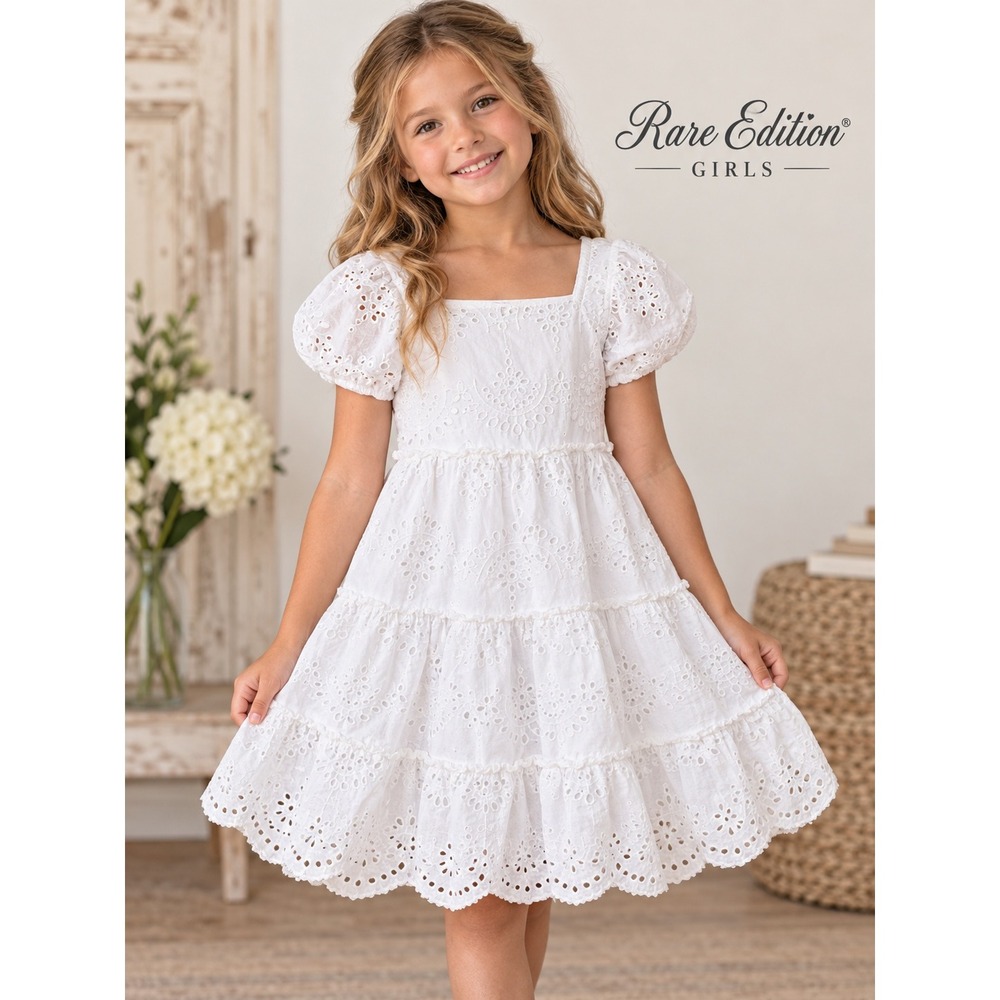 Rare Editions Girls White Eyelet Tiered Puff Sleeve Dress Size 6